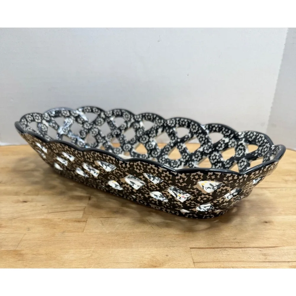 Temp-tations Old World Basket Bowl Black Lattice Ceramic Hand Painted Serving